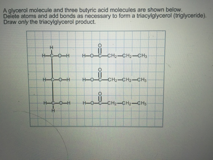 Add molecule glycerol butyric three atoms bonds necessary molecules delete shown form below chemistry triacylglycerol triglyceride draw only answers questions