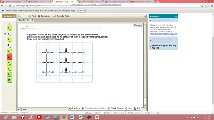 A glycerol molecule and three butyric